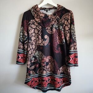 PAPA VANCOUVER‎ Paisley Shirt Womens Small Floral Black Pink Asymmetric Y2K 90s